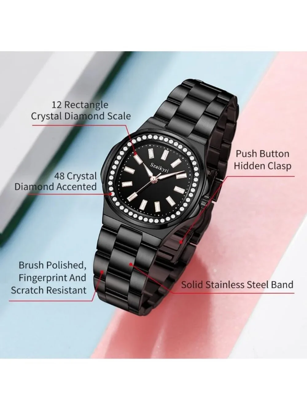 Women's Black Crystal Accented Solid Stainless Steel Band Dress Wrist Watch